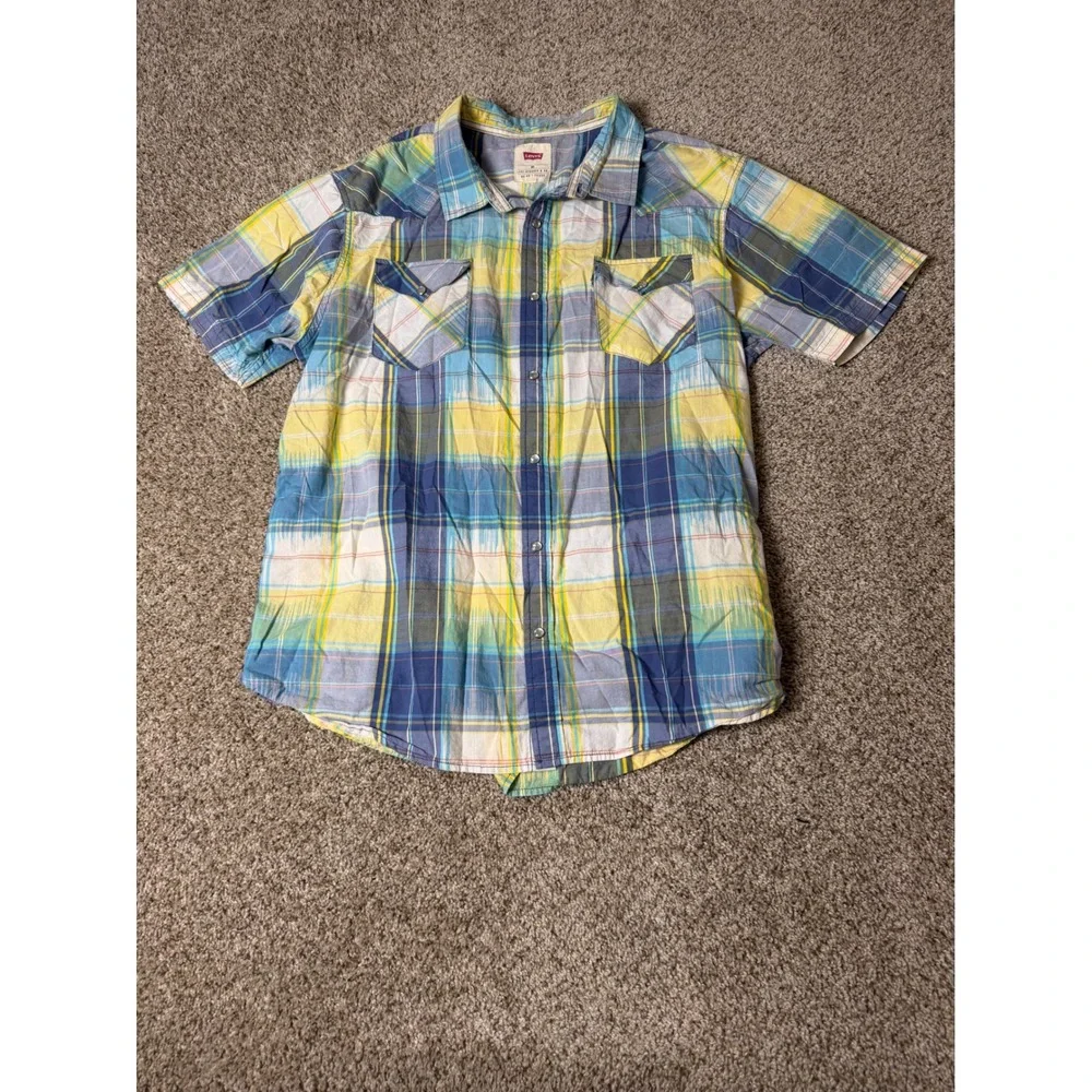 Levis Mens XXL Short Sleeve Western Pearl Snap Plaid Shirt Blue Yellow